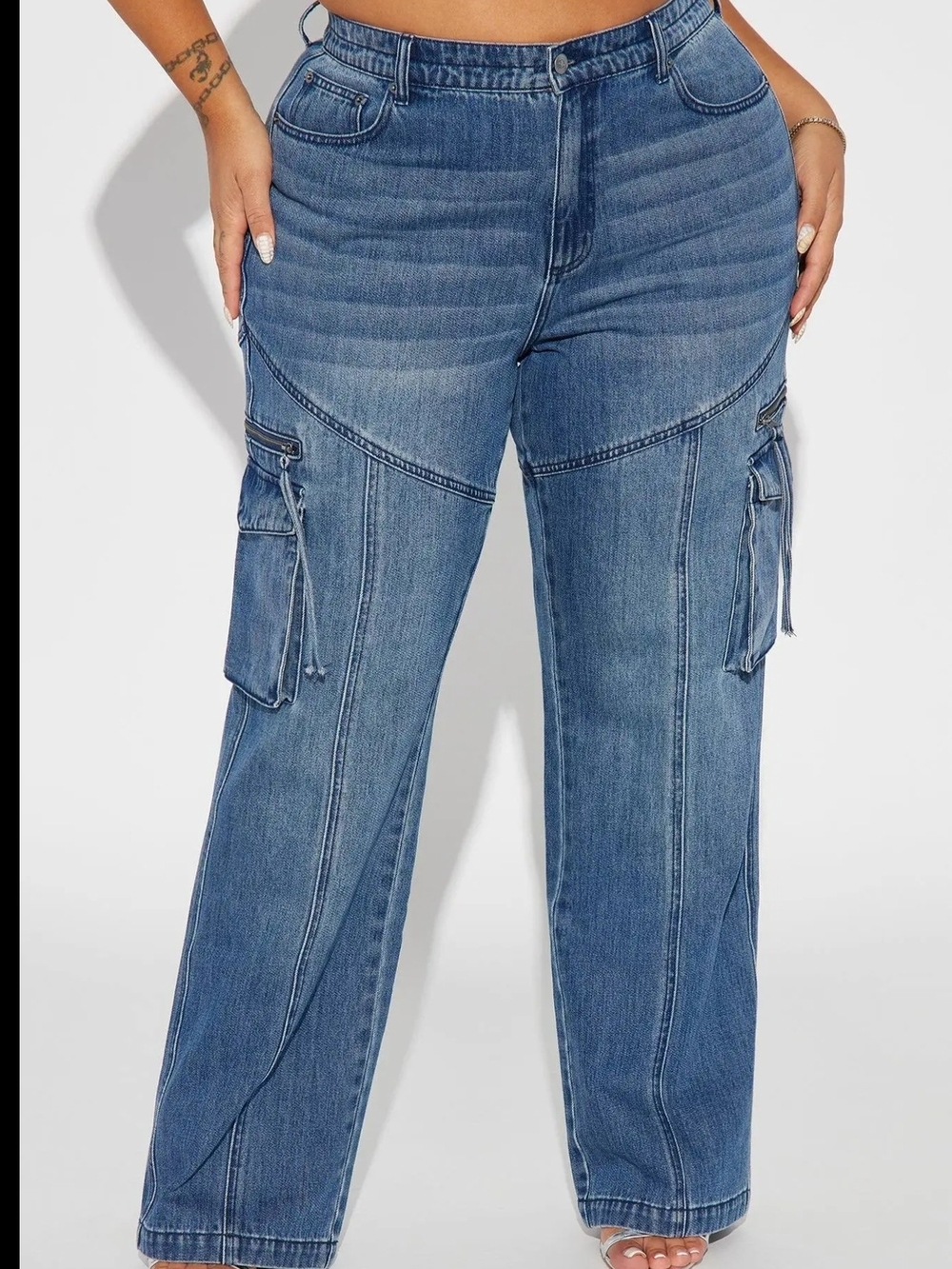 Fashion Nova Blue Wide-Leg Cargo Jeans